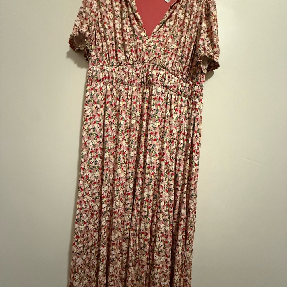 Boden Ruched strech Jersey Pink Floral Maxi Dress women short sleeve plus 14R - Picture 5 of 13